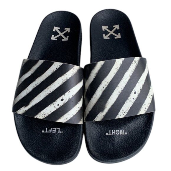 Off-White Industrial Sliders Unisex 41 Black White Diagonal Stripe Sandals Slide - Picture 1 of 13